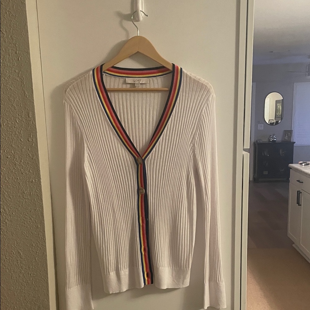 LOFT White Cardigan with Colorful Trim